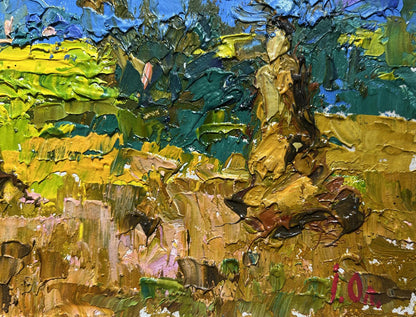 Oil painting of haystack and mountains by Oleksiy Ivanyuk
