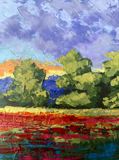 Vibrant impressionist oil painting Orange glow V. Zadorozhnya with green trees