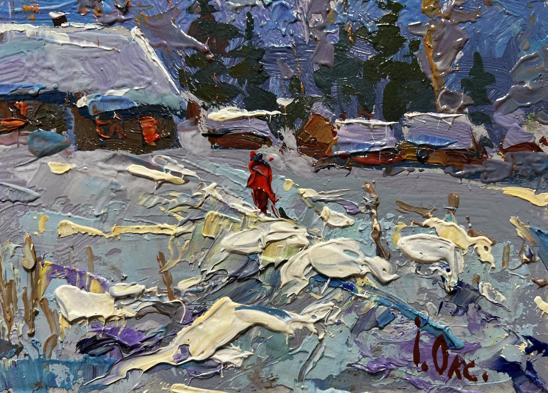 Vibrant impressionist oil painting of snowy village by Oksana Ivanyuk