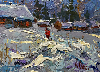 Vibrant impressionist oil painting of snowy village by Oksana Ivanyuk