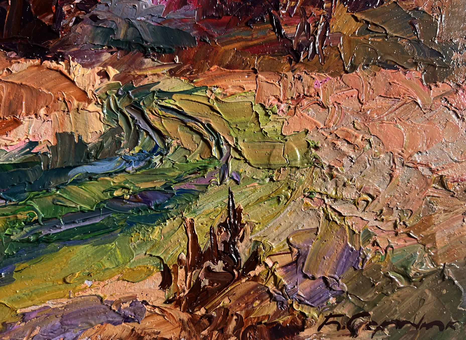 Oil painting Crimson autumn in the forest by Boris Serdyuk, impasto landscape