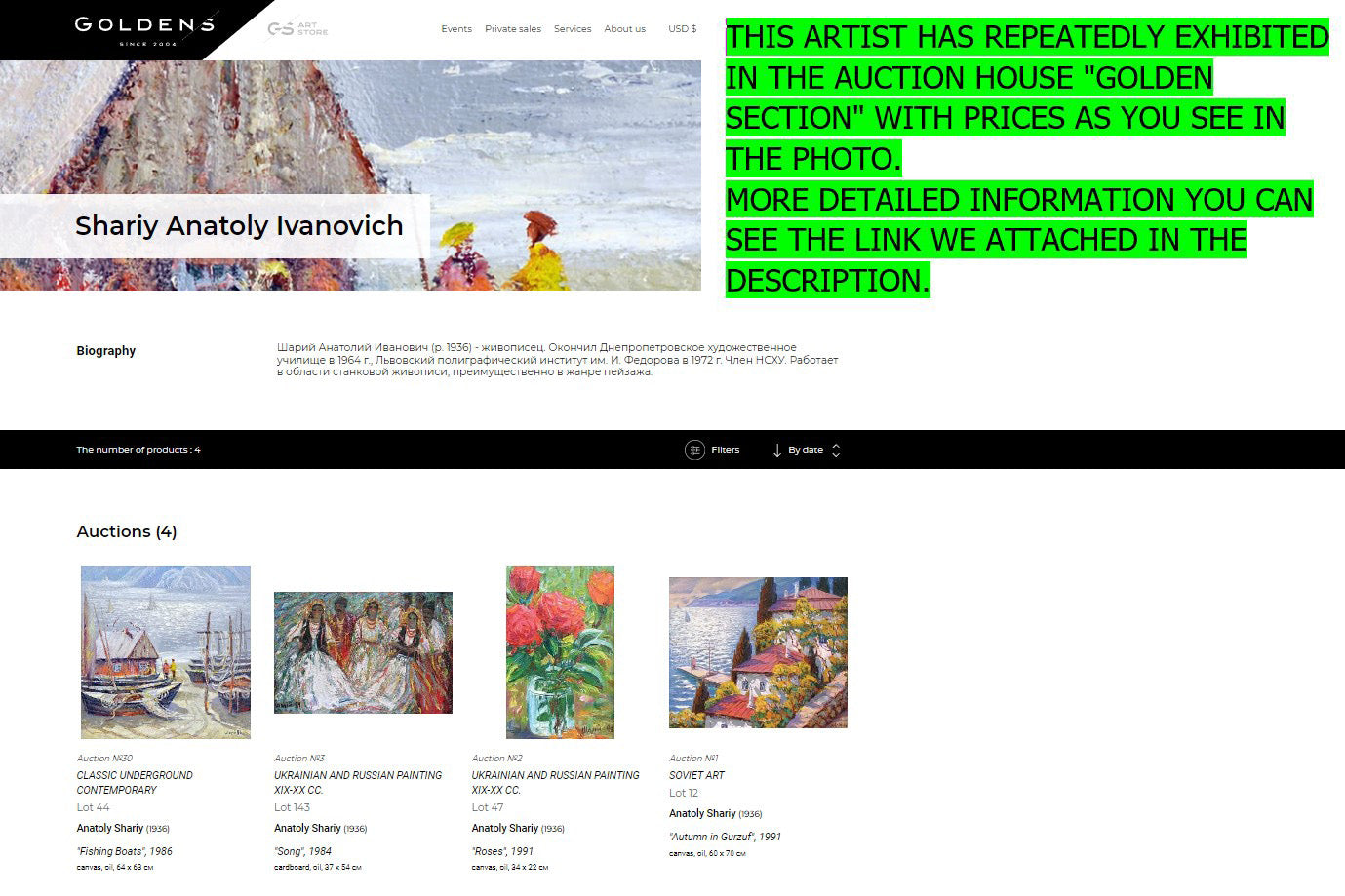 Auction page for Anatoly Shariy oil painting On the River Bank with prices
