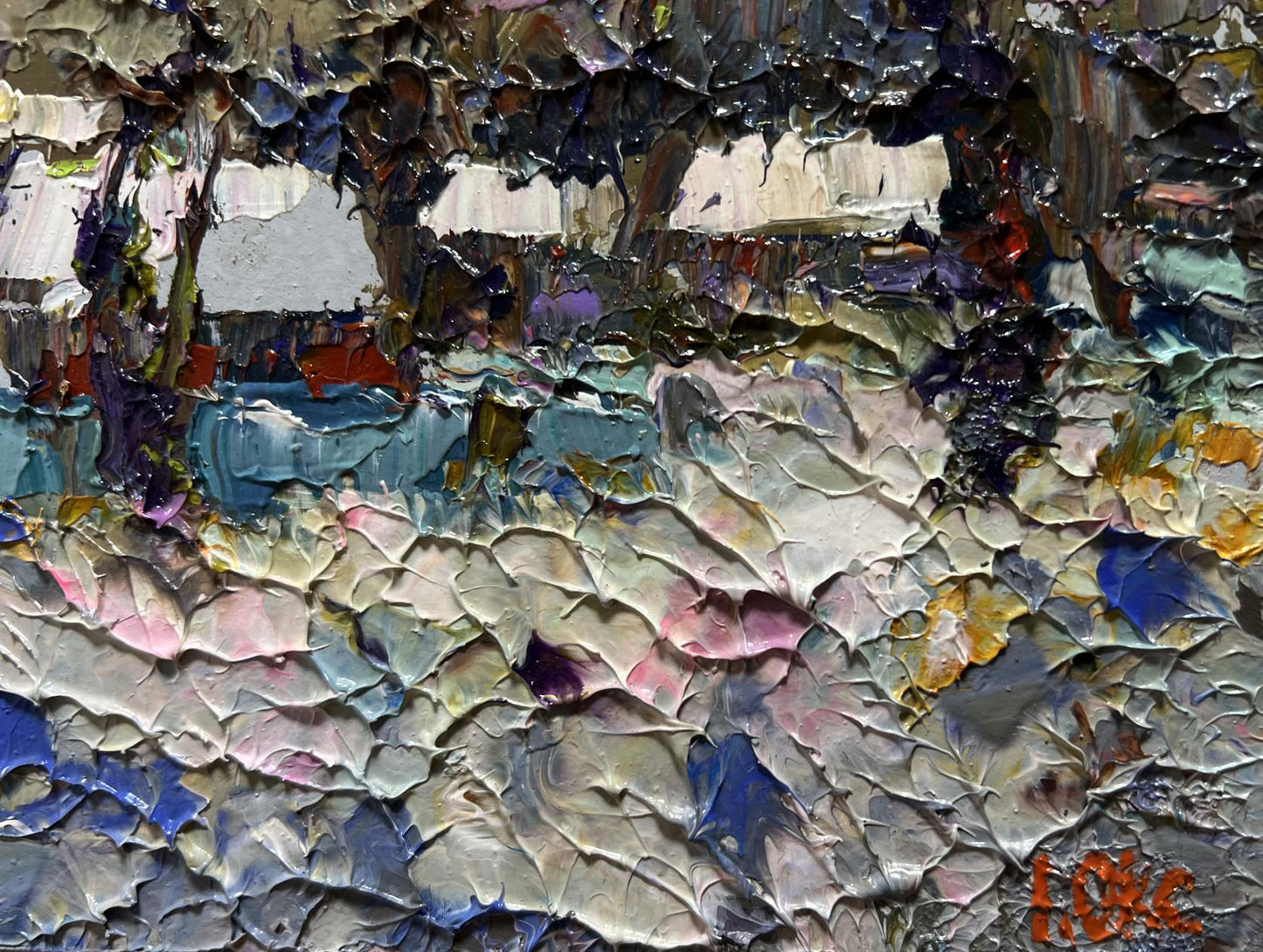 Oil painting Winter Twilight by Oksana Ivanyuk, abstract impasto blues and purples