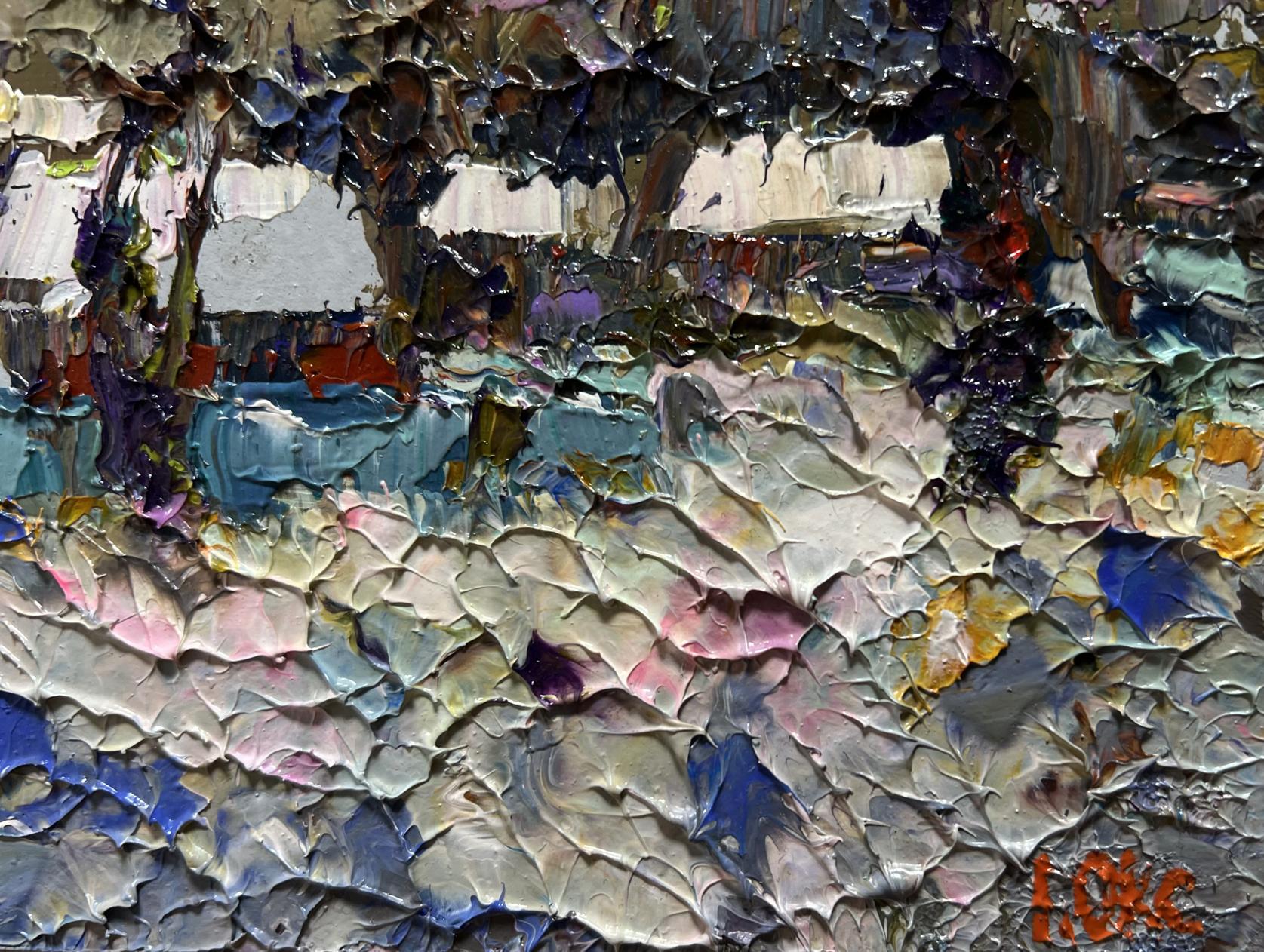 Oil painting Winter Twilight by Oksana Ivanyuk, abstract impasto blues and purples