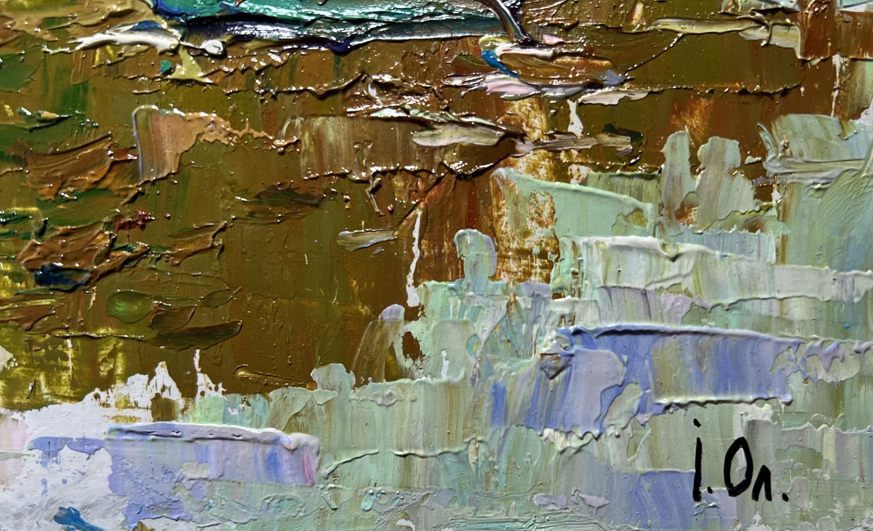 Oil painting Hay transportation by boats by Oleksiy Ivanyuk impasto abstract
