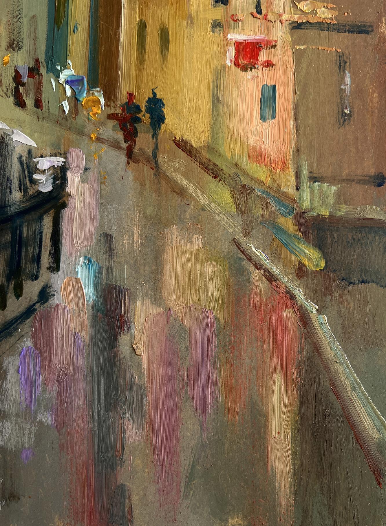 Vibrant impressionistic oil painting of rainy city street above river by Yuriy Suprunchuk