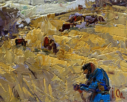 Oil painting Autumn golden fields by Oleksiy Ivanyuk, blue figure in yellow landscape