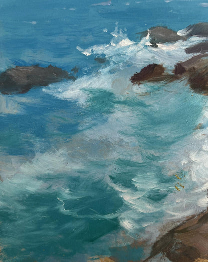 Oil painting Sailing towards a dream by Yuriy Suprunchuk: vibrant ocean waves on rocks