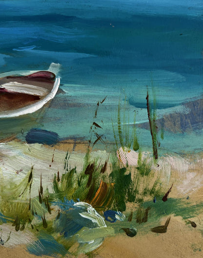 Oil painting of white rowboat on seashore by Yuriy Suprunchuk