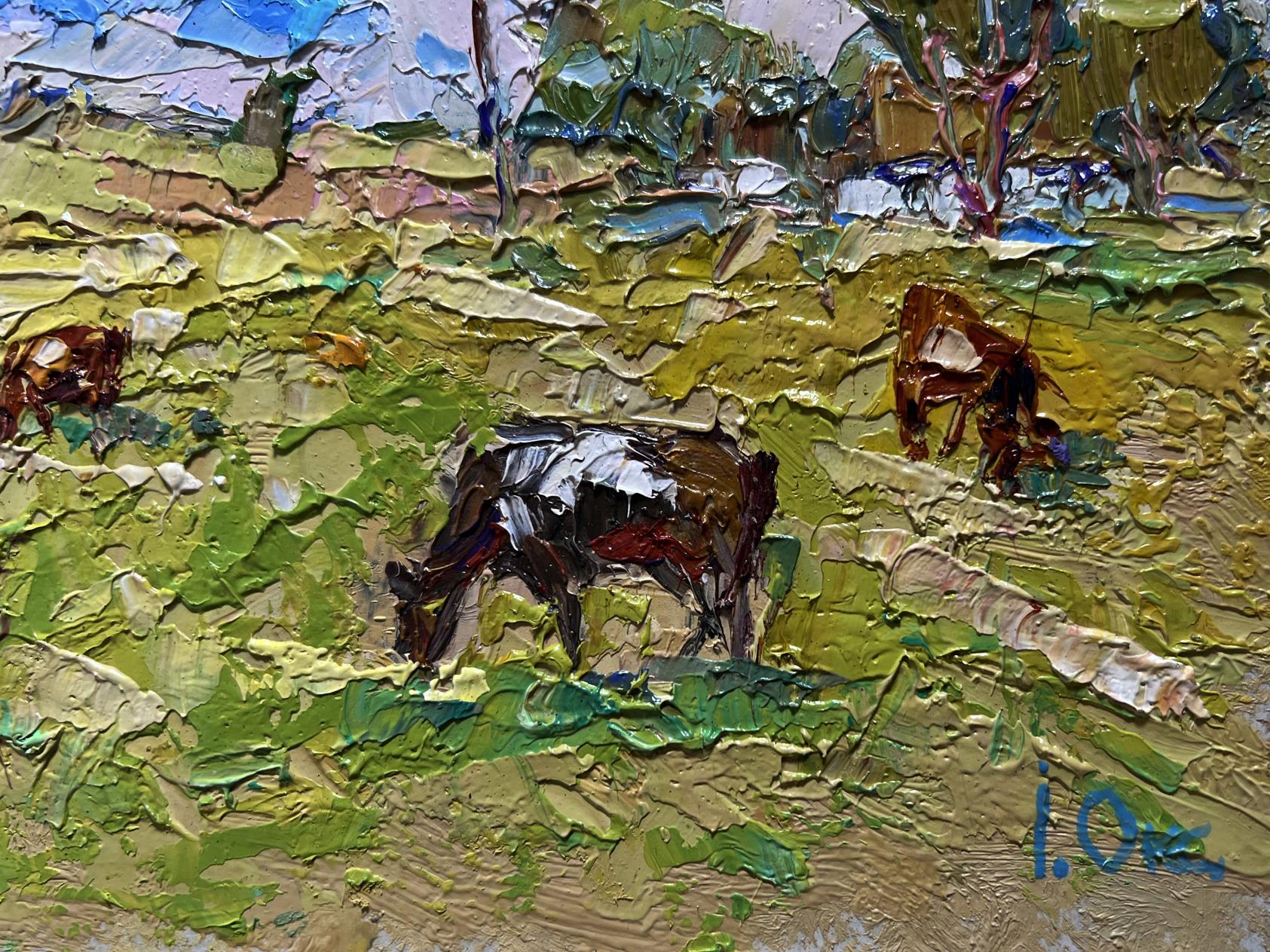 Textured impressionistic oil painting of black brown cow grazing in green field by Oksana Ivanyuk