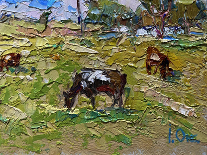 Textured impressionistic oil painting of black brown cow grazing in green field by Oksana Ivanyuk
