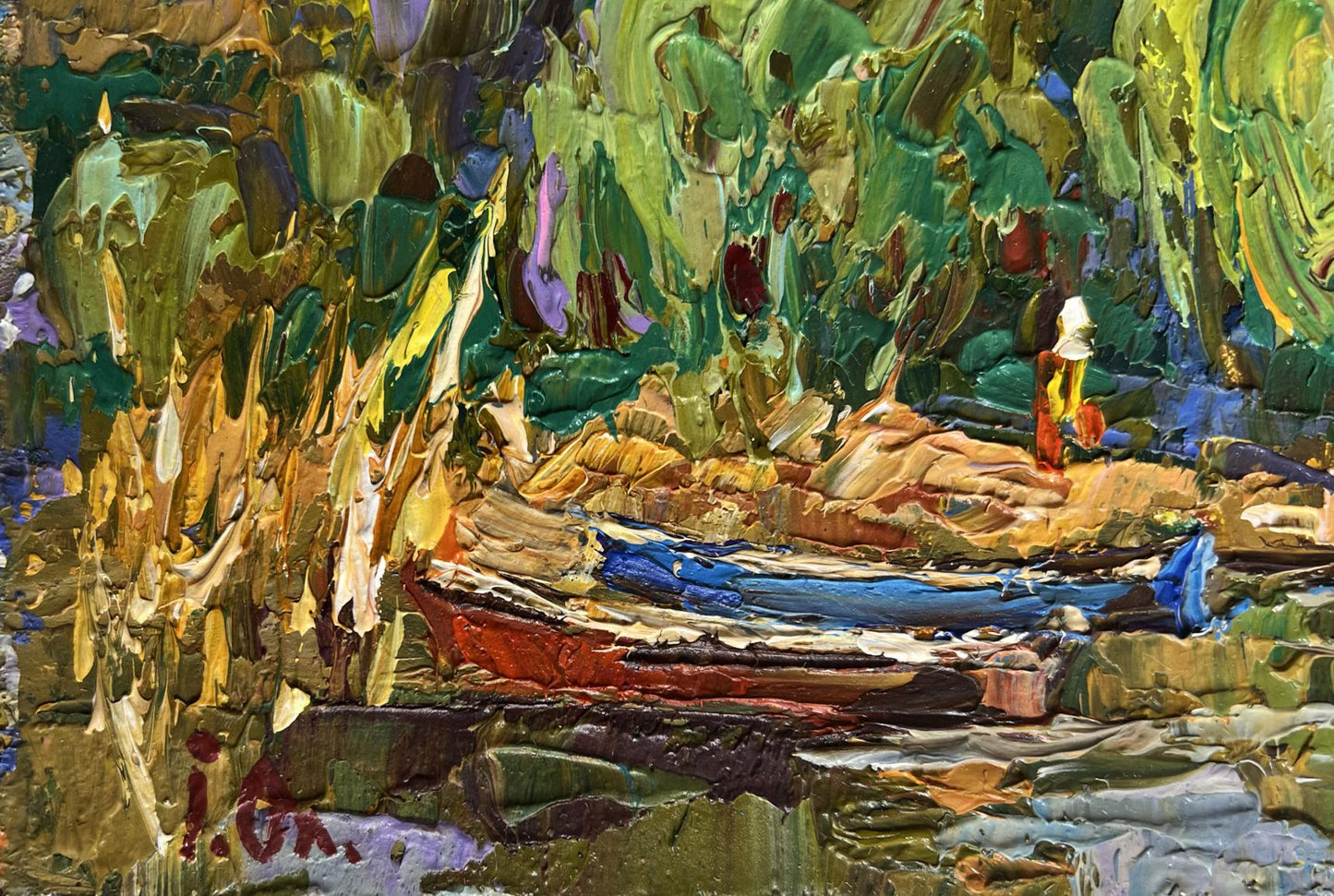 Vibrant impressionist oil painting of red blue boat by Oleksiy Ivanyuk