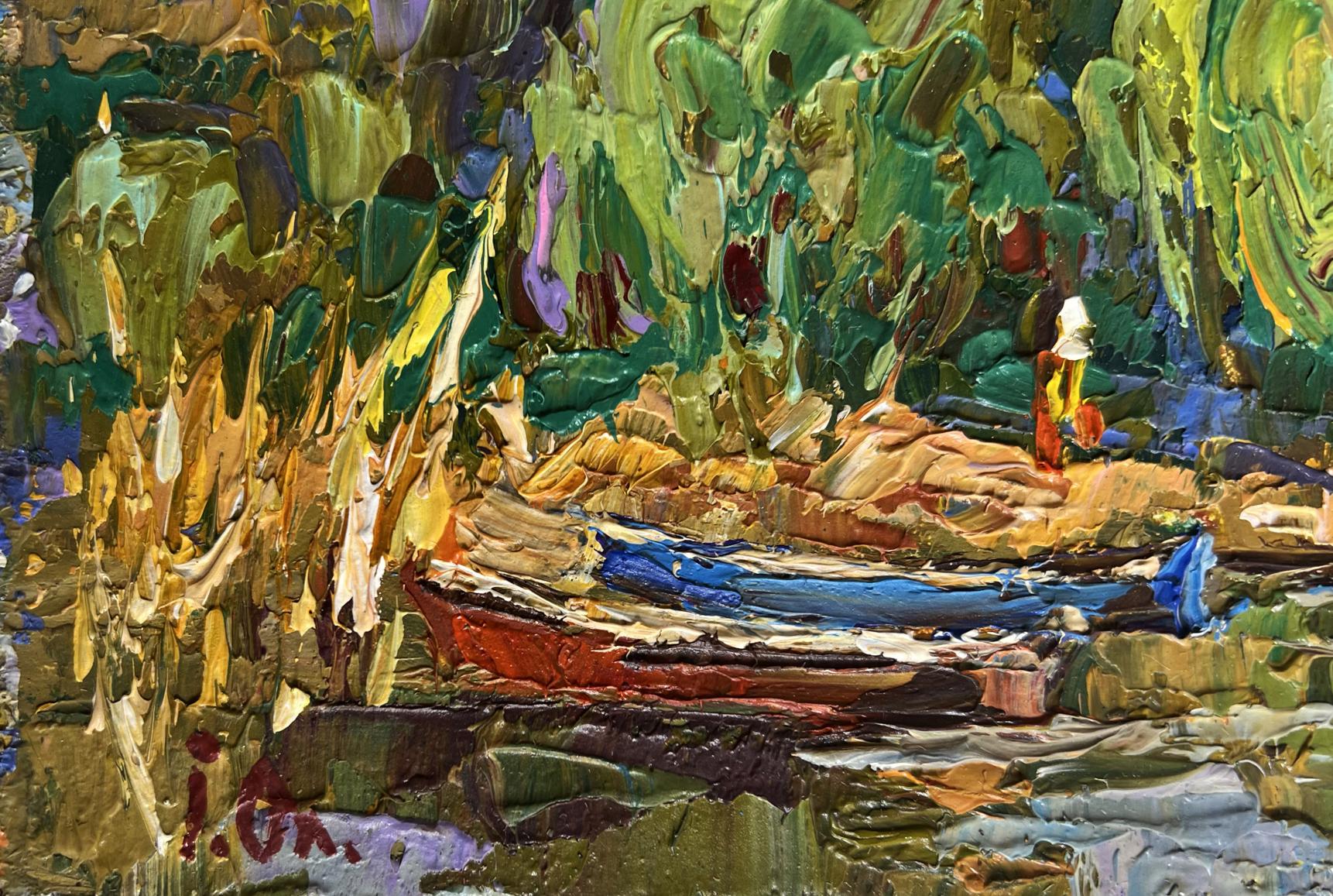 Vibrant impressionist oil painting of red blue boat by Oleksiy Ivanyuk