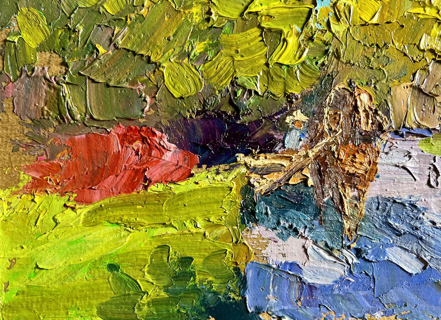 Oil painting Golden autumn by Boris Serdyuk with vibrant green, yellow, red, blue strokes