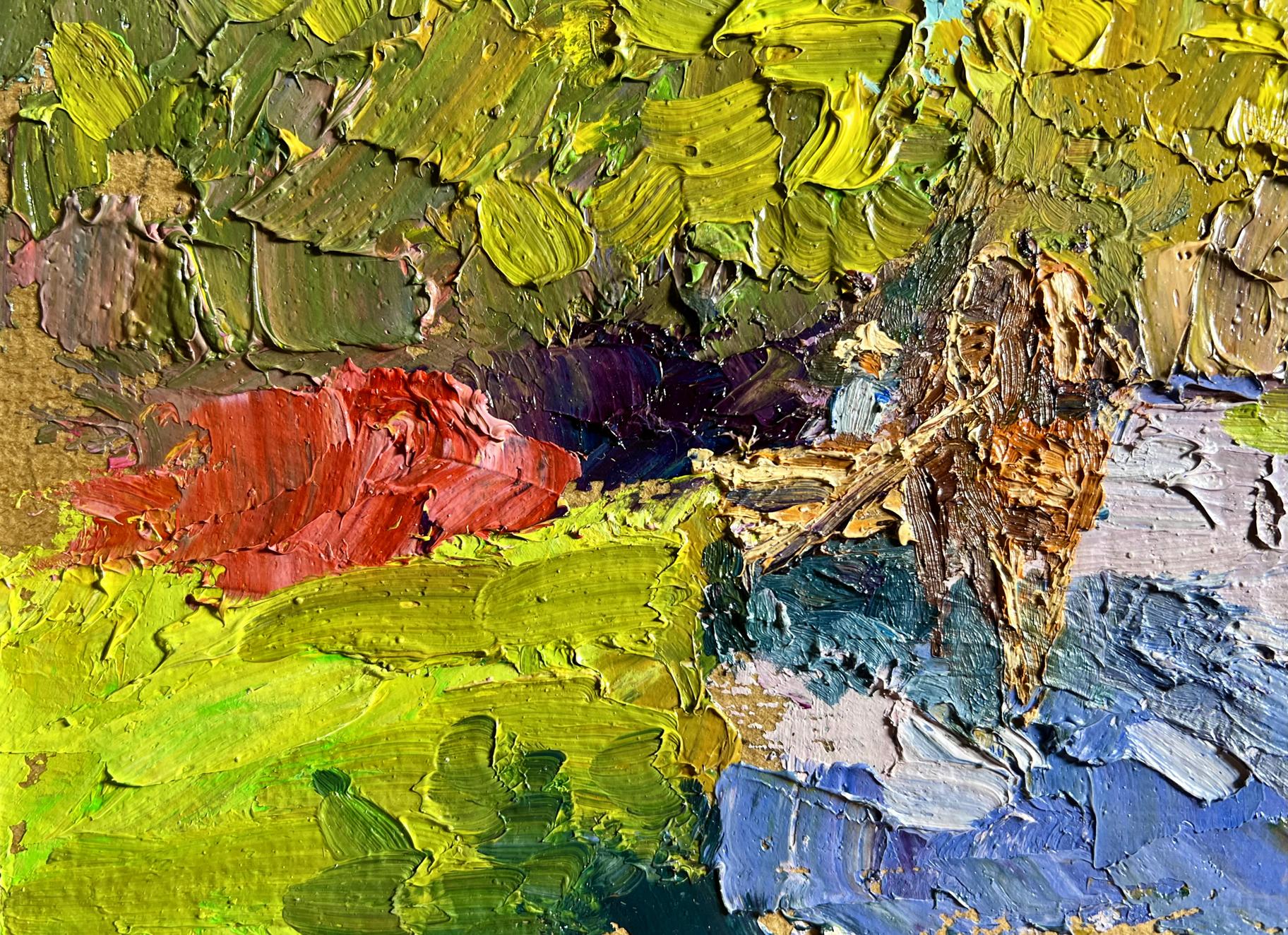 Oil painting Golden autumn by Boris Serdyuk with vibrant green, yellow, red, blue strokes