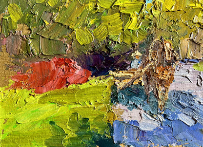 Oil painting Golden autumn by Boris Serdyuk with vibrant green, yellow, red, blue strokes