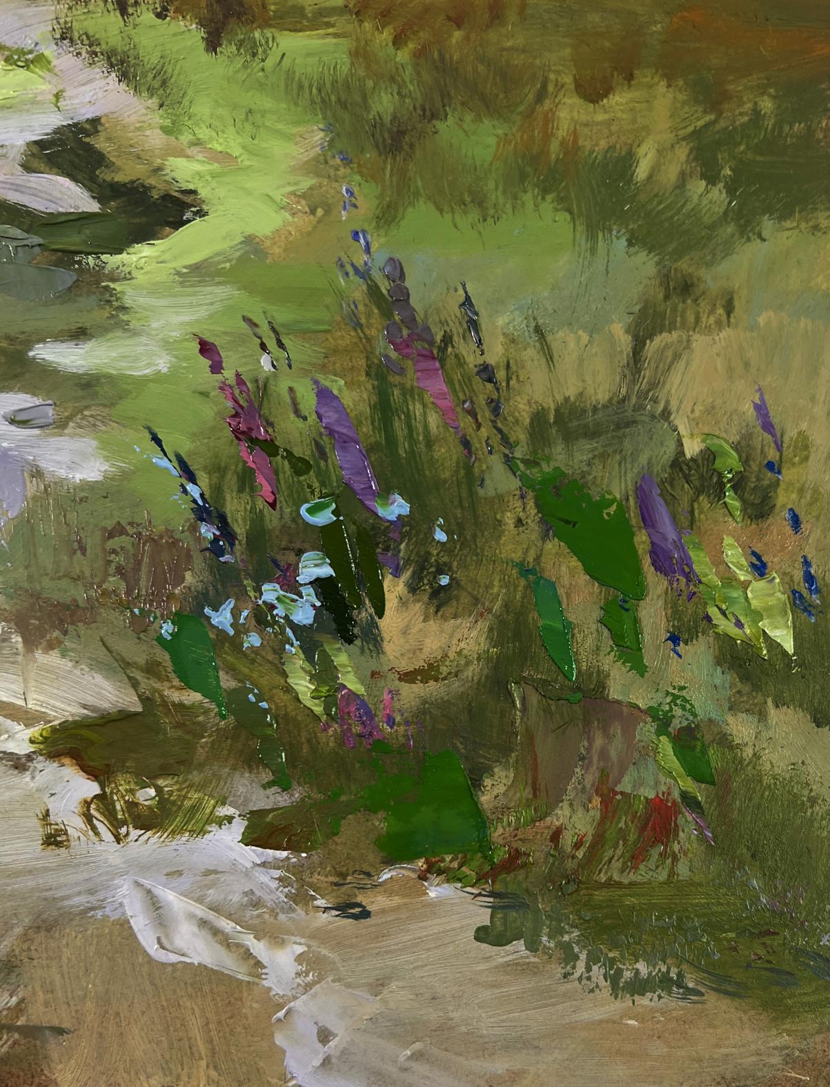 Oil painting Morning with cows by Yuriy Suprunchuk in vibrant green purple blue