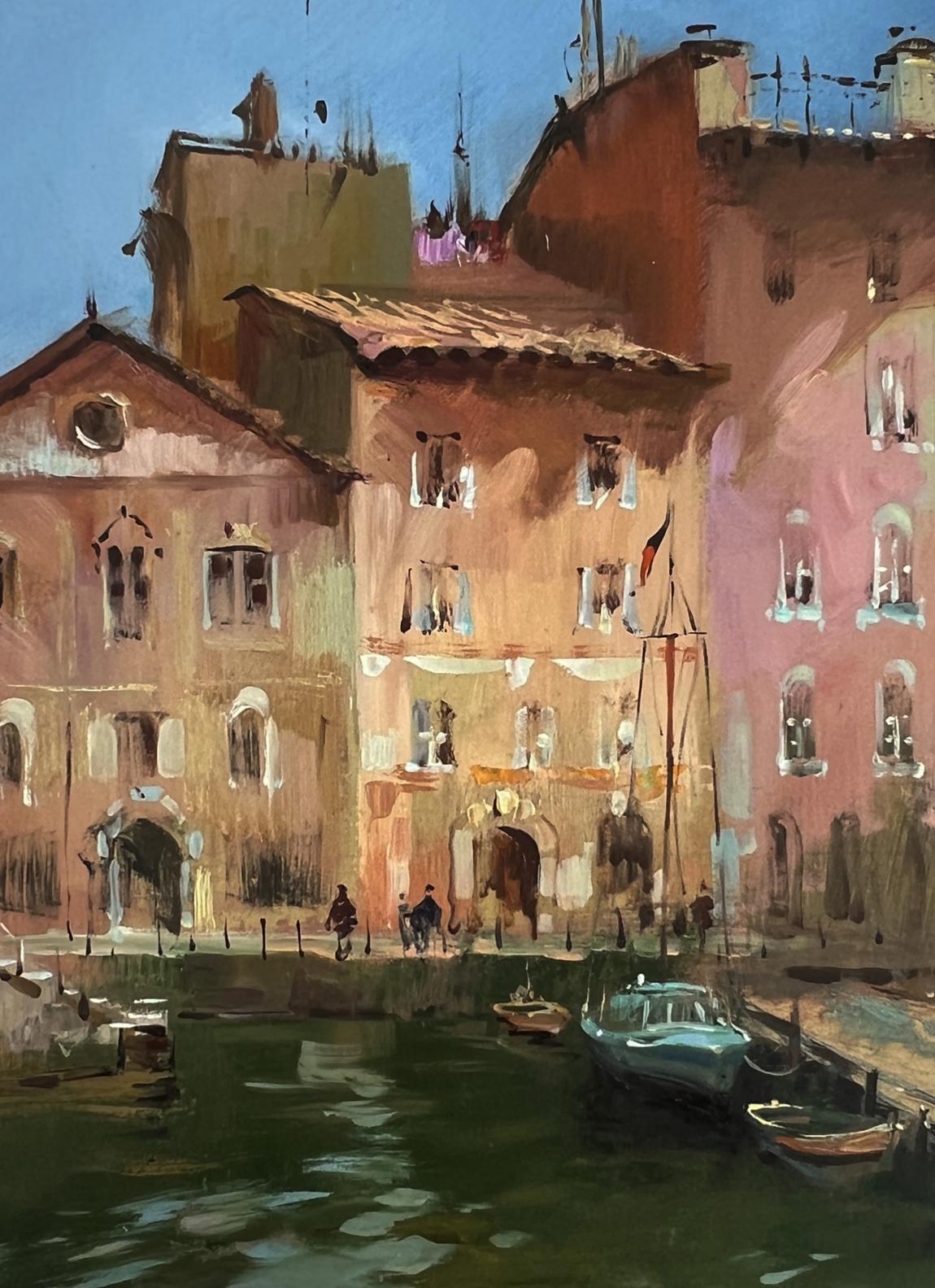 Oil painting by Yuriy Suprunchuk of warm-toned European canal scene