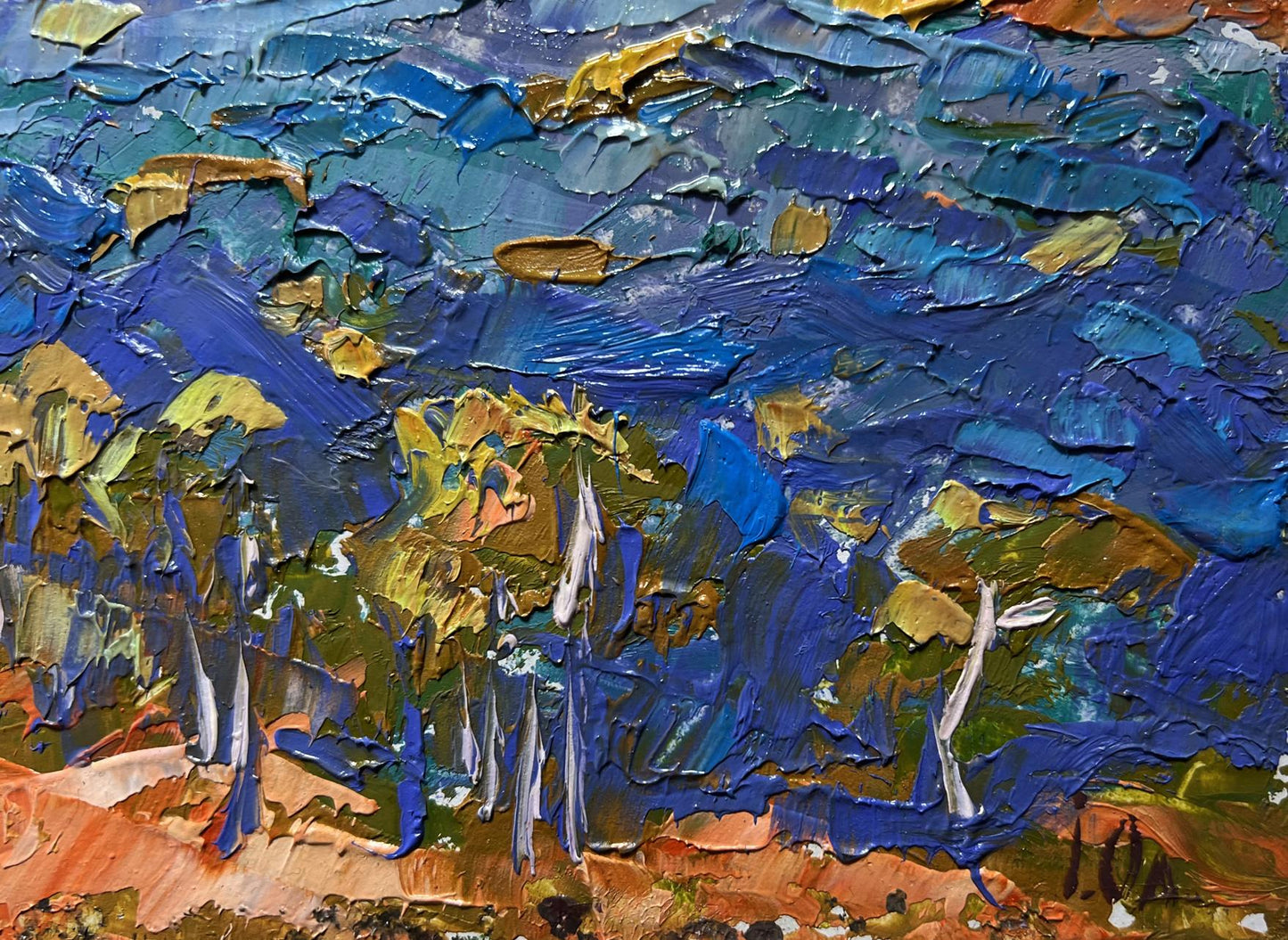 Oil painting by Oleksiy Ivanyuk with grey clouds, blue and gold brushstrokes