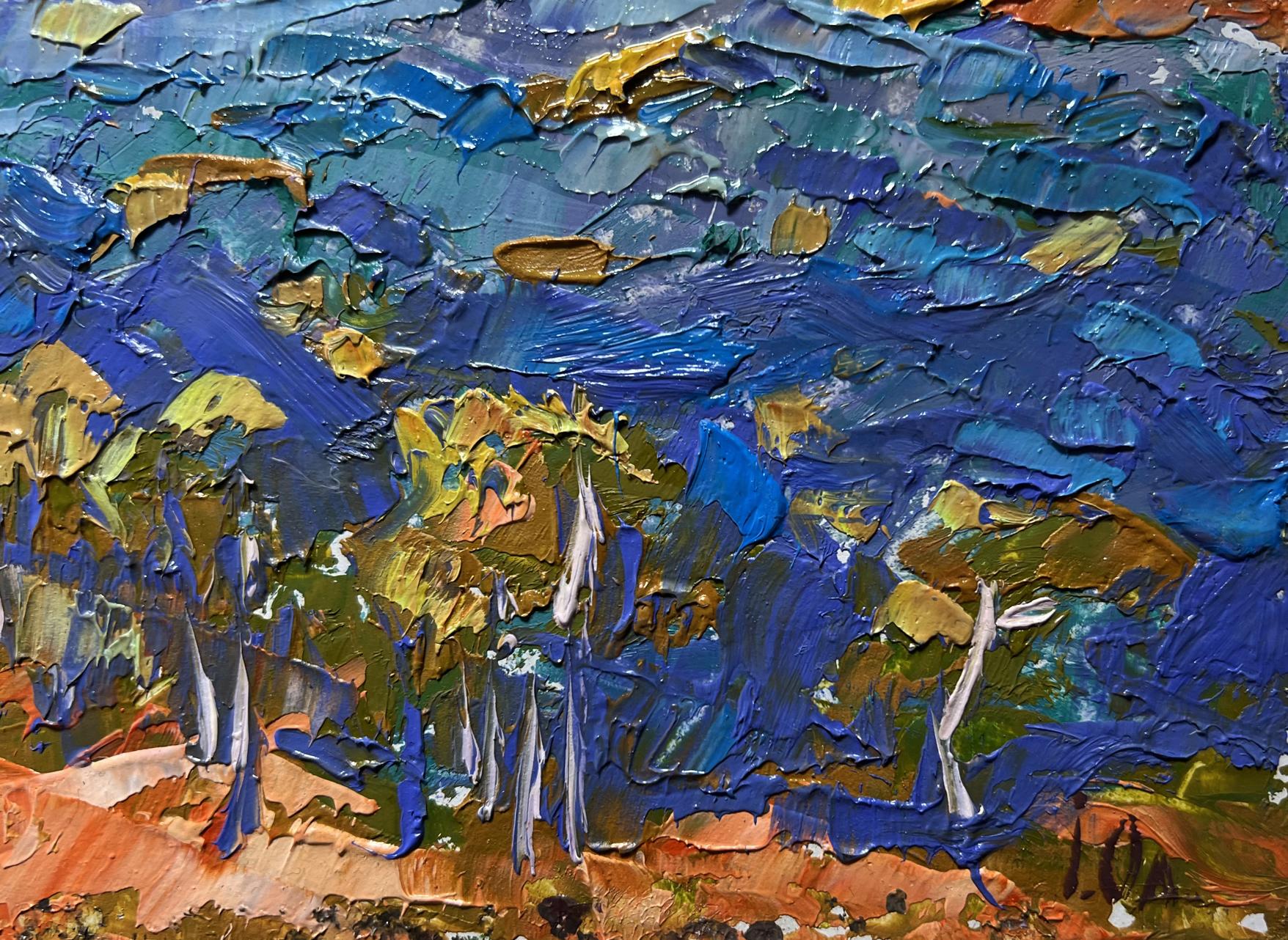 Oil painting by Oleksiy Ivanyuk with grey clouds, blue and gold brushstrokes