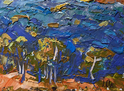 Oil painting by Oleksiy Ivanyuk with grey clouds, blue and gold brushstrokes