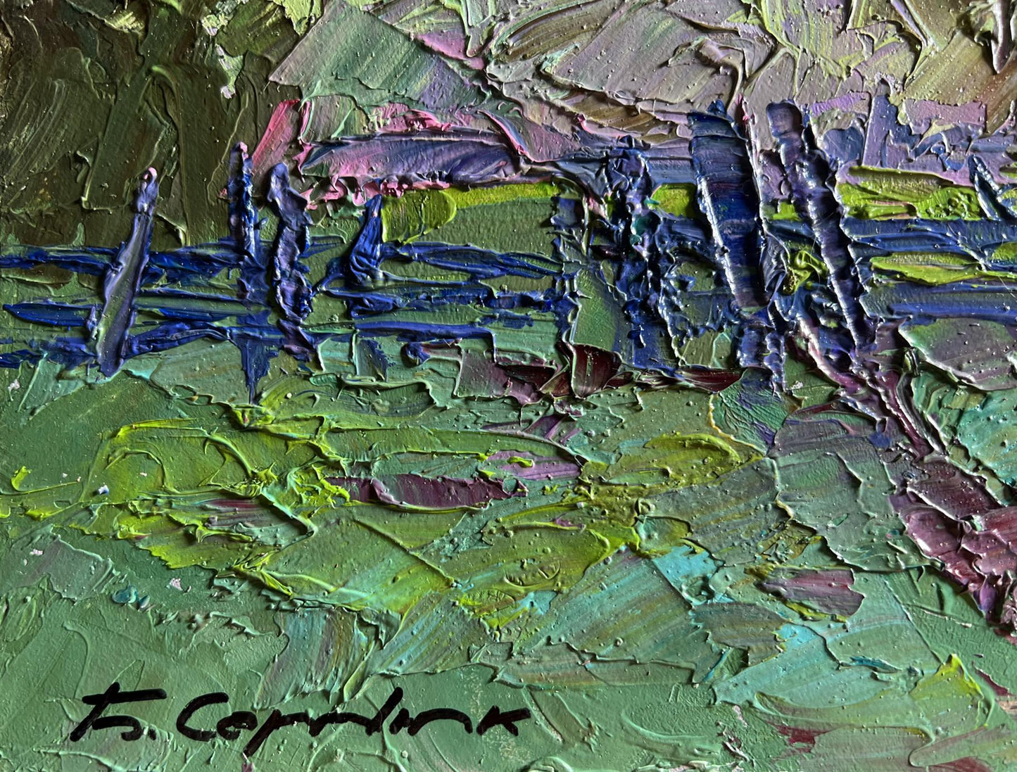 Oil painting Its getting dark in the field by Boris Serdyuk textured green blue purple