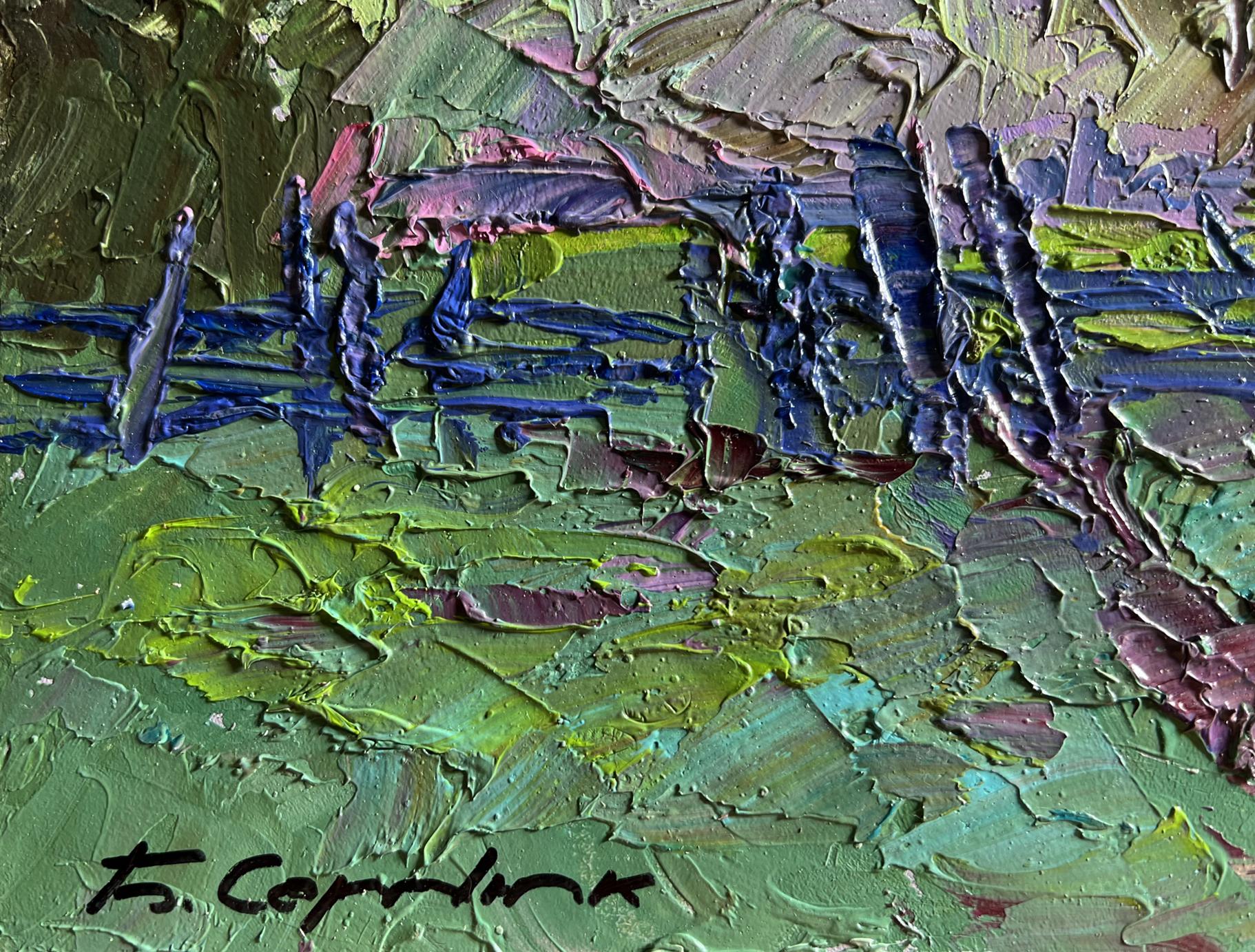Oil painting Its getting dark in the field by Boris Serdyuk textured green blue purple