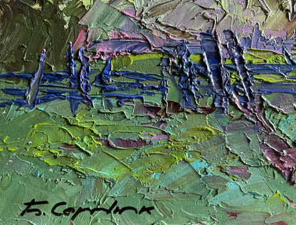 Oil painting Its getting dark in the field by Boris Serdyuk textured green blue purple
