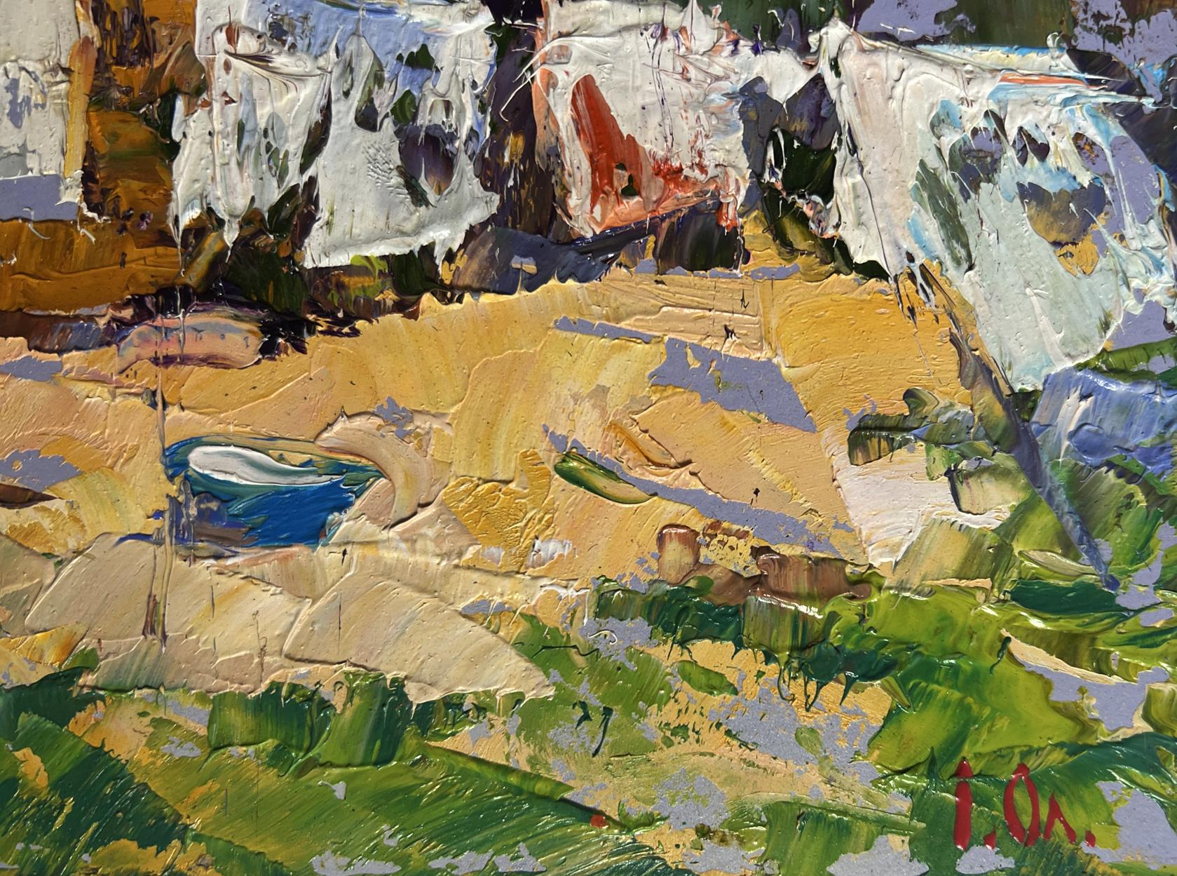 Oil painting of clothes drying in yard by Oleksiy Ivanyuk, impressionistic landscape
