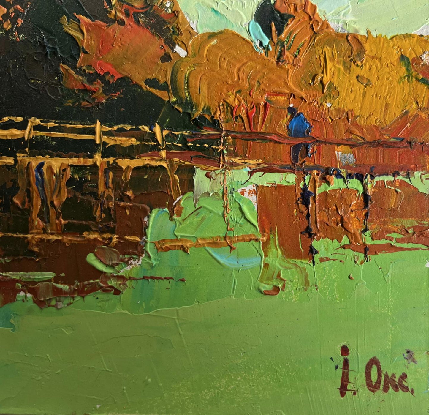 Vibrant impasto oil painting Walking on the river bridge by Oksana Ivanyuk