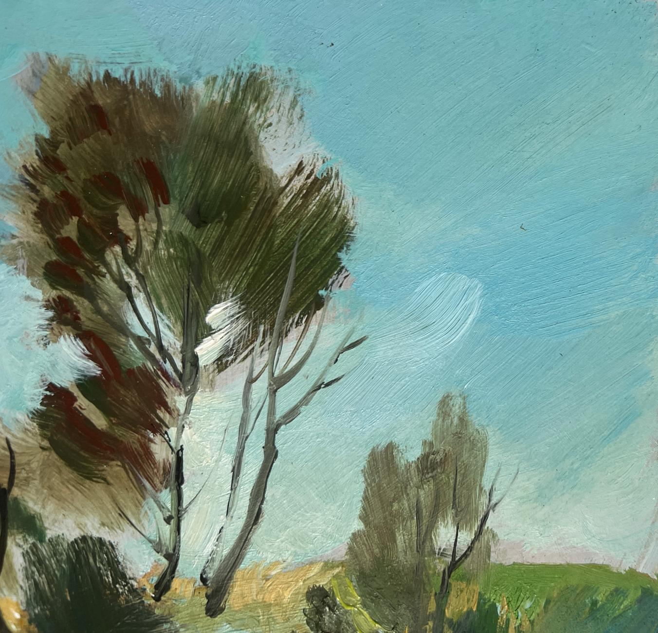 Textured oil painting of trees by lake behind village by Yuriy Suprunchuk