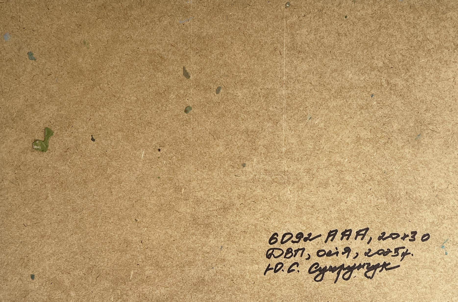 Back of Yuriy Suprunchuk oil painting River in the mountains with handwritten ink note on brown cardboard