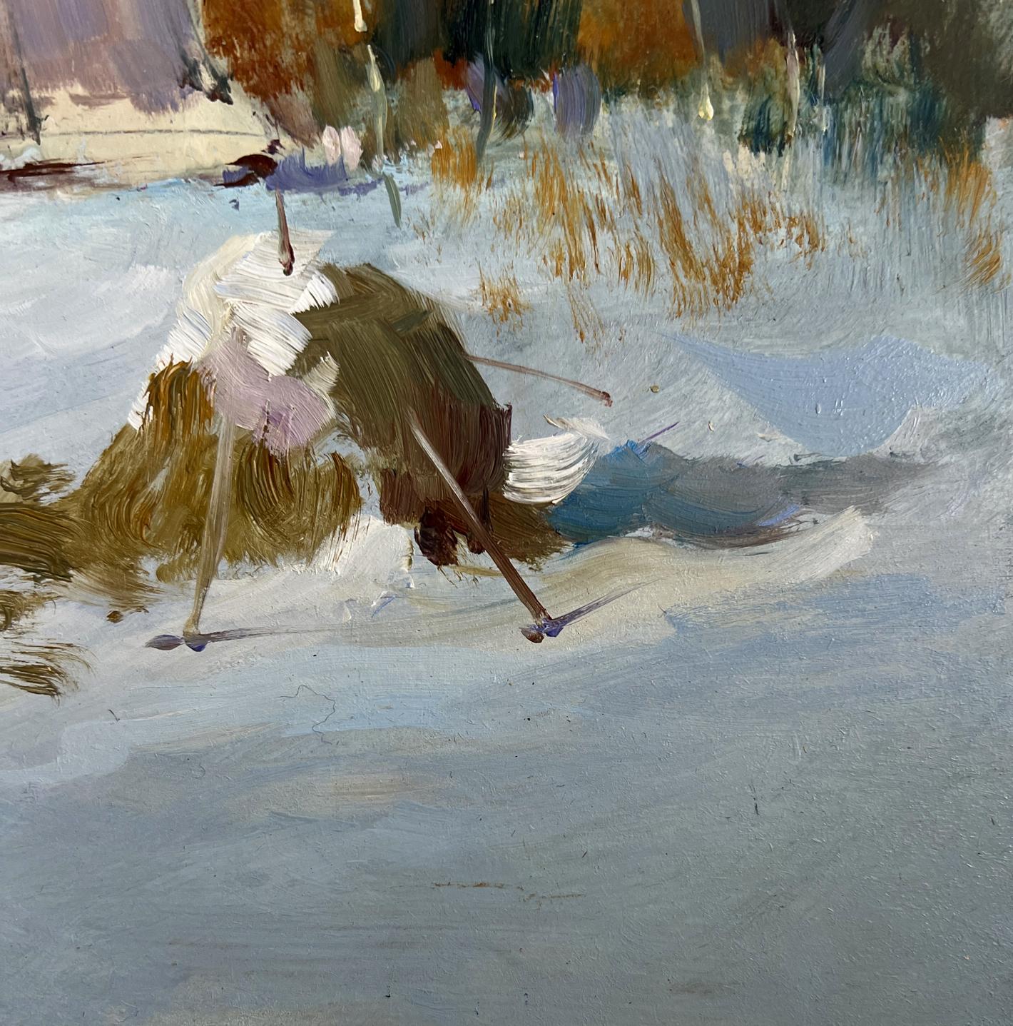 Oil painting of brown and white dog skiing on snowy night by Yuriy Suprunchuk