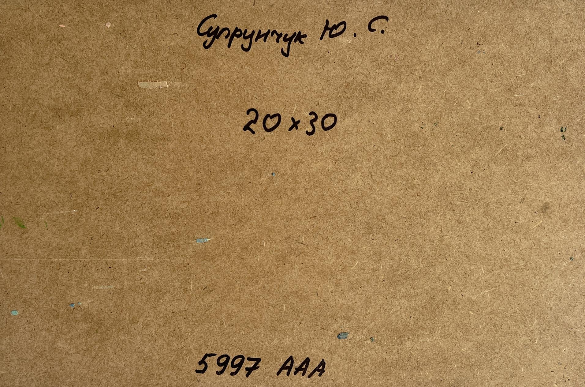Back of Yuriy Suprunchuk oil painting with handwritten Cyrillic text and measurements on brown cardboard