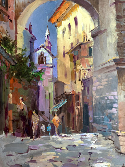 Vibrant oil painting by Yuriy Suprunchuk of sunlit European alleyway