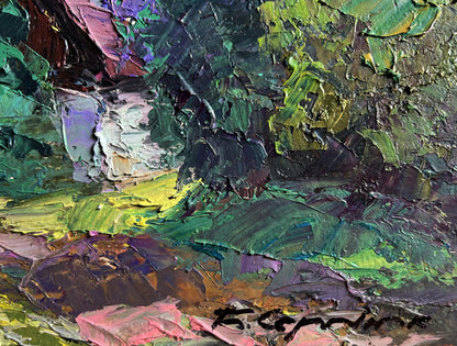 Vibrant oil painting of lilac bush in garden by Boris Serdyuk