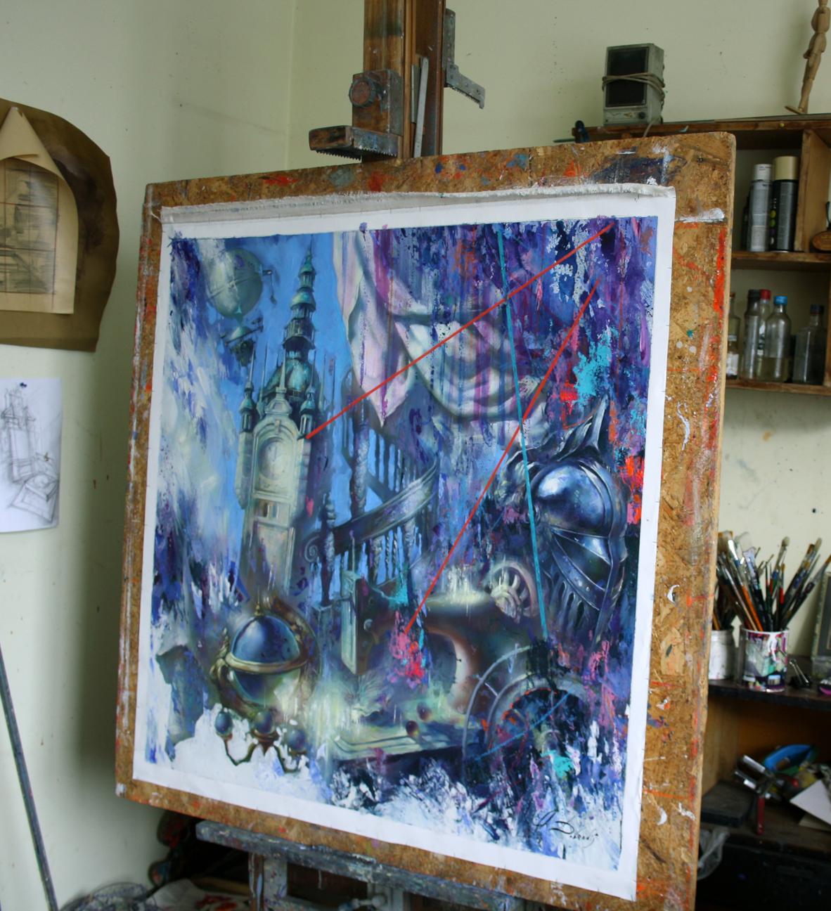 Oil painting Myths of the city by Alexander Dobrodiy, surreal steampunk art