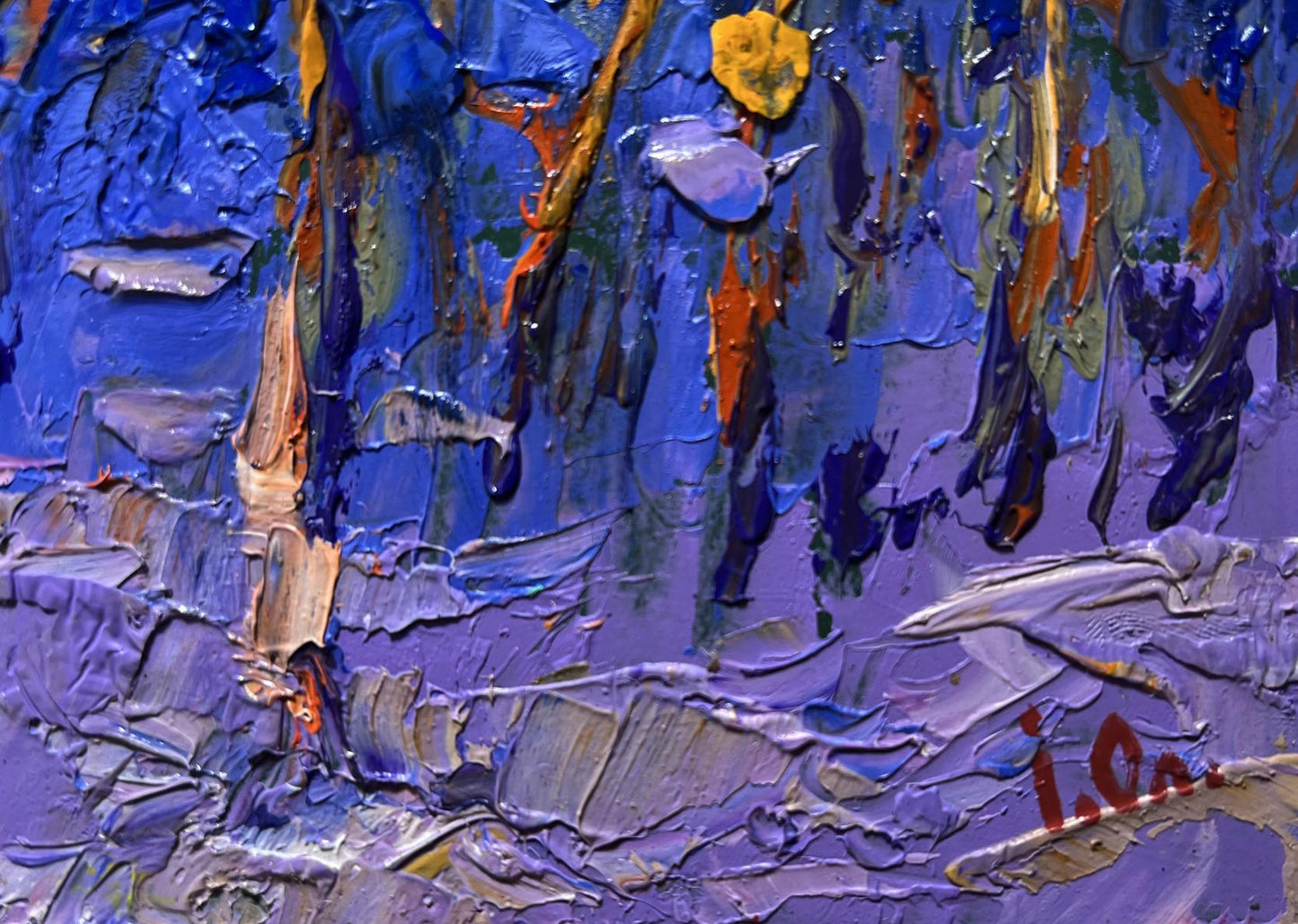 Vibrant blue purple Frosty evening in forest oil painting by Oleksiy Ivanyuk