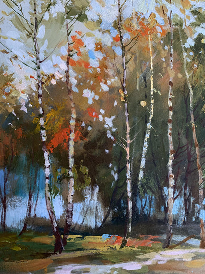 Textured oil painting of birch autumn forest by Yuriy Suprunchuk