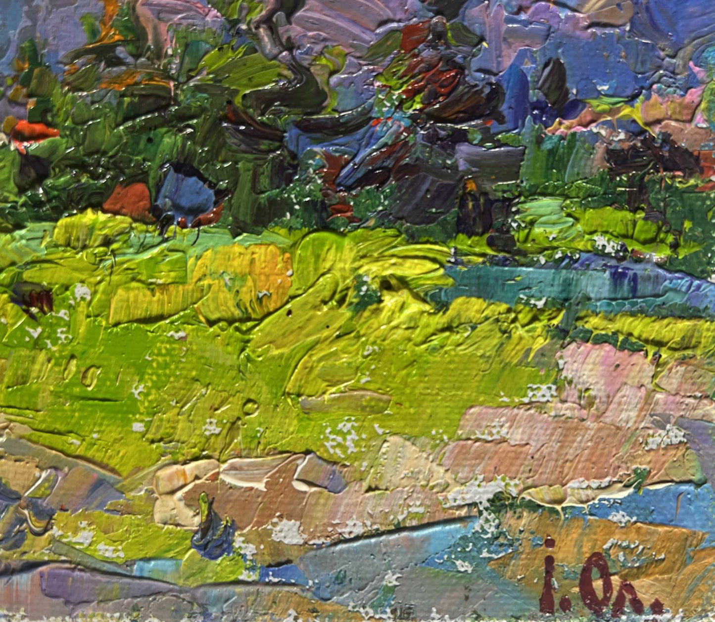 Vibrant impressionist oil painting of mountains in summer sun by Oleksiy Ivanyuk