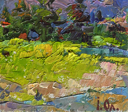 Vibrant impressionist oil painting of mountains in summer sun by Oleksiy Ivanyuk