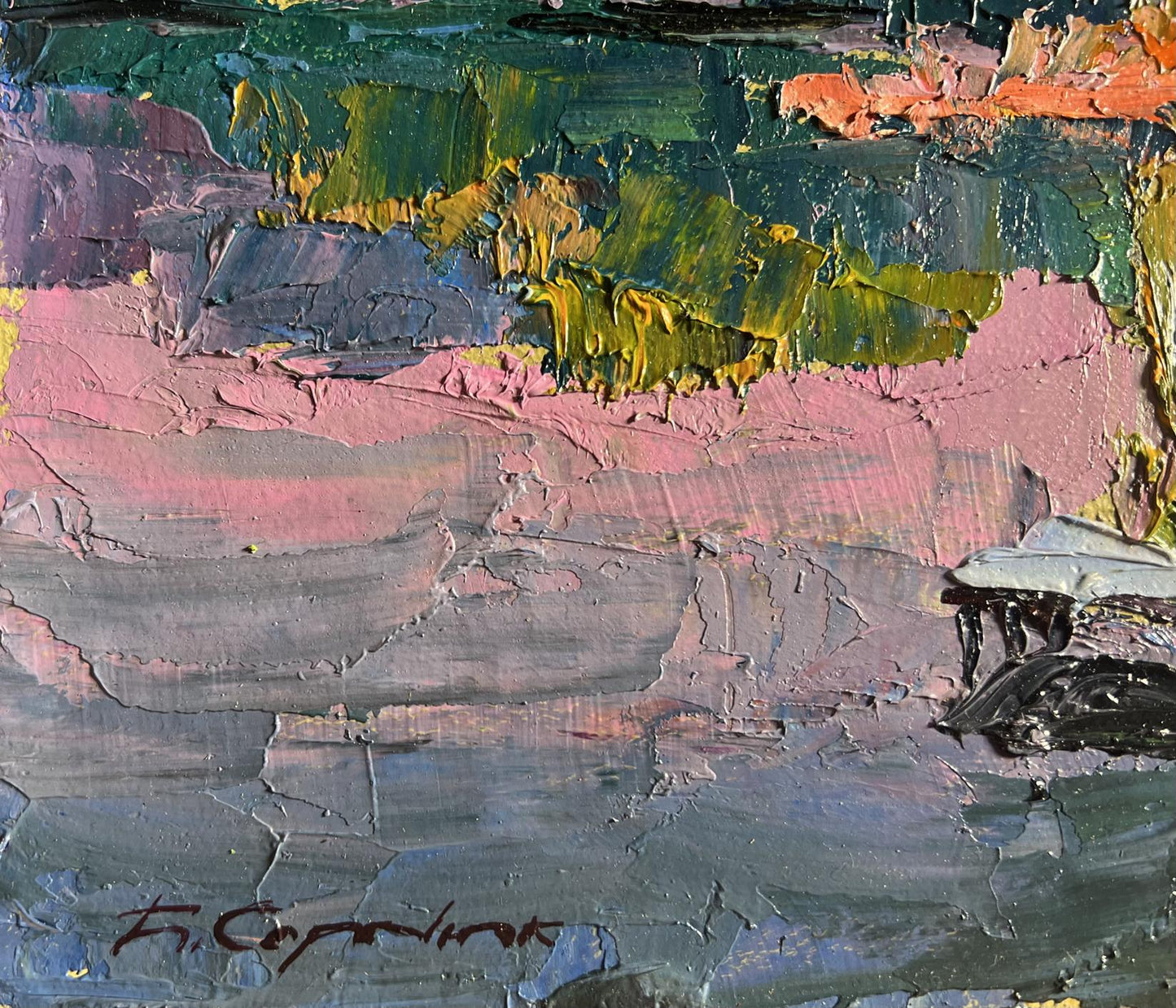Oil painting Evening on the lake by Boris Serdyuk in pink, green, gray, orange