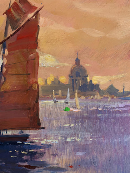 Oil painting by Yuriy Suprunchuk: evening sailing with red-sailed boat at sea