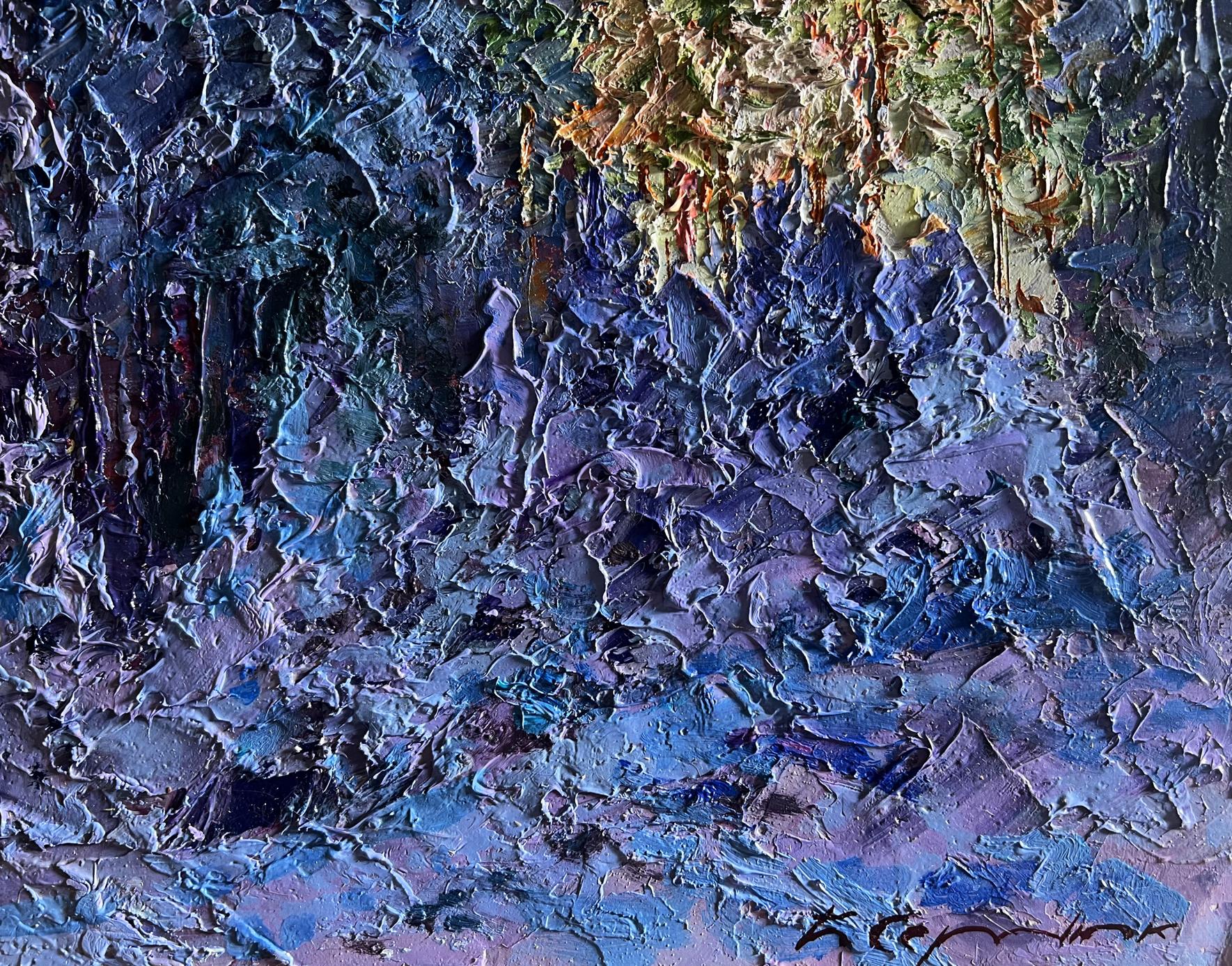 Oil painting Winter in the forest by Boris Serdyuk, textured impasto blues