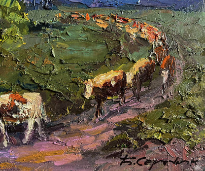 Oil painting The cows are going home by Boris Serdyuk, herd of cows on path