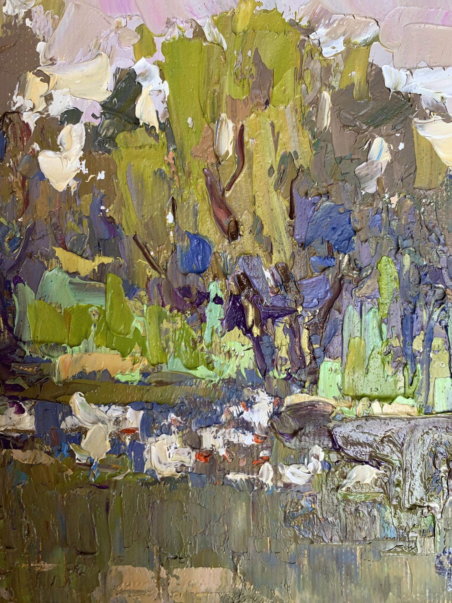 Oil painting Geese in the Lake by Oksana Ivanyuk with abstract impasto strokes