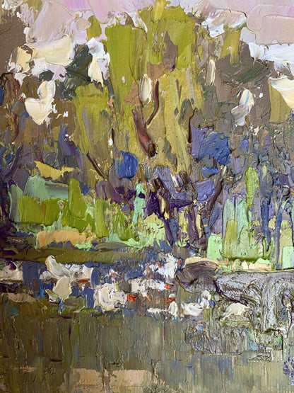 Oil painting Geese in the Lake by Oksana Ivanyuk with abstract impasto strokes