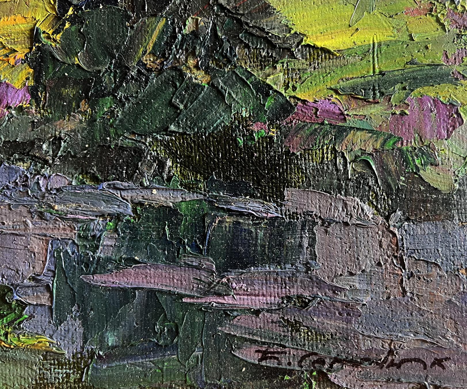 Oil painting Natural meadow Boris Serdyuk with impasto green purple yellow strokes