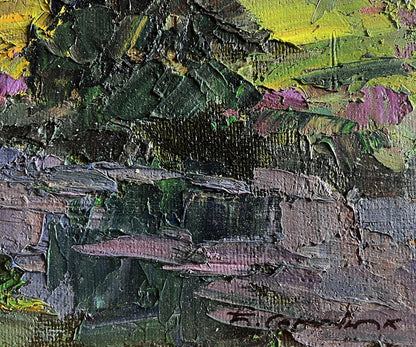 Oil painting Natural meadow Boris Serdyuk with impasto green purple yellow strokes