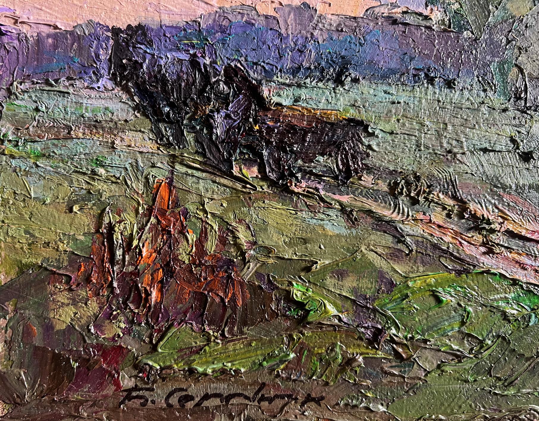 Oil painting Along the Country Road by Boris Serdyuk, rugged animal on green hillside